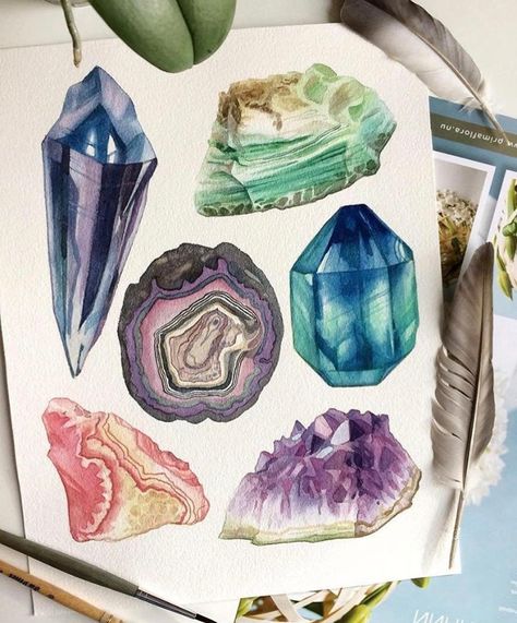 Watercolor Crystal Tutorial, Agate Drawing, Crystals Drawing, Crystals Painting, Crystals Art Drawing, Watercolor Crystals, Geology Art, Crystals Watercolors, Crystal Painting