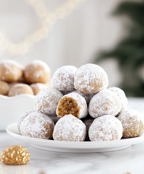 Gingerbread Snowball Cookies Recipe Gingerbread Cake Balls, Gingerbread Snowball Cookies, Sweetened Condensed Milk Snowball Cookie, Snowball Cookies Recipe Christmas, Gingerbread Snowballs, Snowballs Cookies, Snowball Cookies Recipe, Snowballs Recipe, Christmas Cookie Boxes