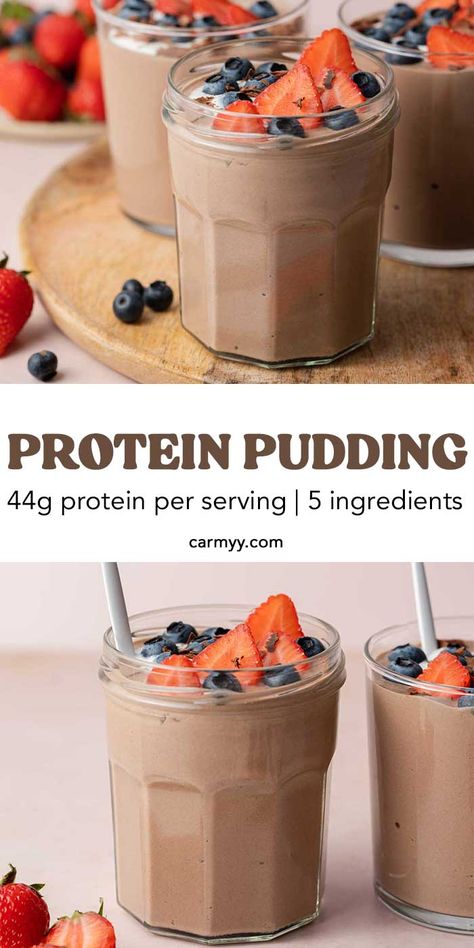 Made with only five ingredients, this protein pudding is thick, creamy, and so easy to make! With over 40 grams of protein per serving, this makes for a delightful high-protein snack or dessert for any occasion. 65 Grams Of Protein, Best High Protein Low Carb Foods, Homemade Protein Pudding, Protein High Snacks, High Protein Snacks For Muscle Gain, Protein Powder Hacks, Fairlife Pudding Recipe, No Bake Protein Snacks, Snacks Made With Protein Powder