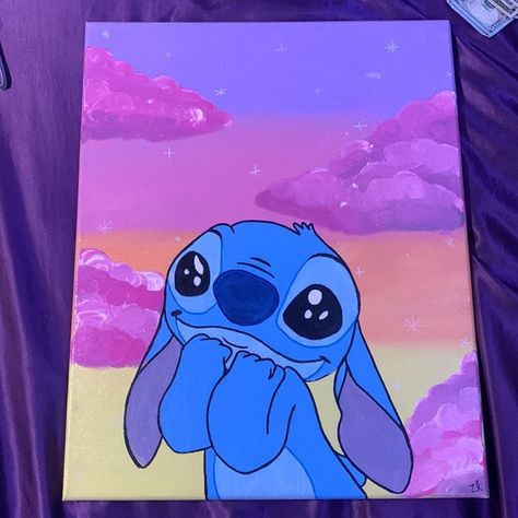 Stitch Painting Stitch And Angel Painting Canvases Easy, Stitch Canvas Painting Ideas, Cute Stitch Painting, Easy Stitch Painting, Painting Ideas On Canvas Stitch, Painting Ideas Stitch, Stitch Disney Painting, Stitch Painting Canvases Easy, Stitch Painting Ideas