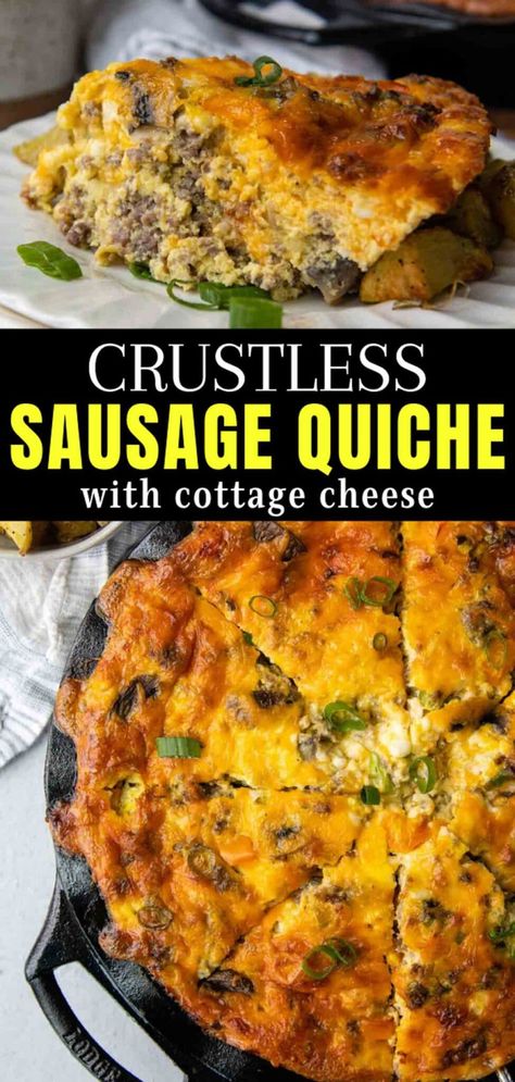 Quiche With Cottage Cheese, Breakfast Quiche Crustless, Sausage Quiche Recipes, Breakfast Quiche Recipes Easy, Quiche Recipes Crustless, Easy Breakfast Dishes, Cottage Cheese Recipes Healthy, Gluten Free Quiche, Sausage Quiche