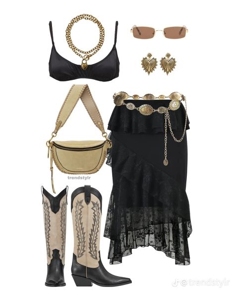 Leather Coachella Outfit, Coachella Glitter Outfit, Iiipoints Outfit, Brown Coachella Outfit, Acl Outfits 2024, Black And White Festival Outfit, Stage Coach Outfits 2024, Boho Outfits Festival, Tortuga Festival Outfit