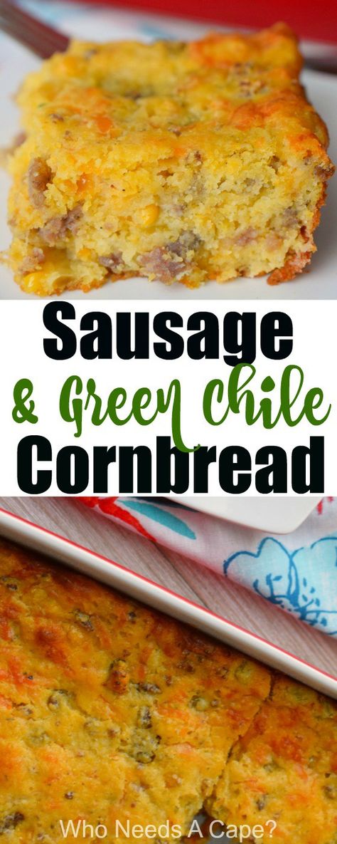 Sausage & Green Chile Cornbread is almost a meal in itself. Perfect for brunch or as part of a holiday meal. You'll love this deliciously easy side dish. #ad #JimmyDeanRollSausage @tysonfoods #casserole #sausage #cornbread #holidayfood #brunch #easyrecipe #cheese #greenchilies #holidayparty #entertaining Chile Cornbread, Cornbread Breakfast, Green Chile Cornbread, Sausage Cornbread, Sausage Cornbread Stuffing, Cornbread Recipes, Mexican Cornbread, Chili And Cornbread, Cornbread Casserole