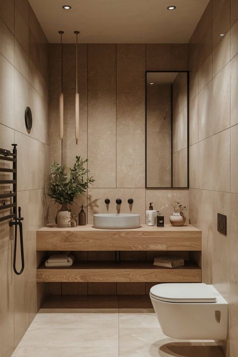 Transform your bathroom with minimalistic design and nature-inspired details. Soft beige tiles, clean fixtures, and lush greenery create a warm, clutter-free retreat. #MinimalistBathroom #BathroomDesign #NatureInspiredDecor #NeutralBathroom #BathroomGoals #ClutterFreeLiving #GreeneryDecor #WarmInteriors #BathroomInspo #InteriorStyling Modern Kids Bathroom, Inviting Bathroom, Apartment Bathroom Design, Earthy Bathroom, Neutral Bathroom, Greenery Decor, Beige Tile, Minimalist Apartment, Bathroom Themes