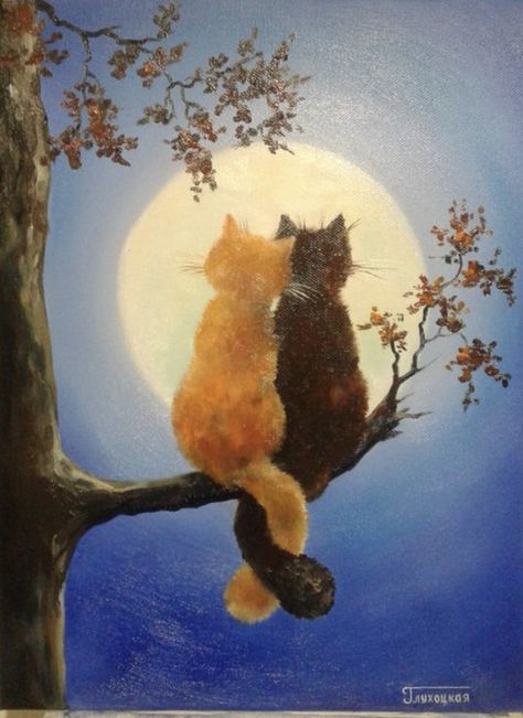 Two Cats Painting, Tangled Painting, Painting Cats, Moon In The Sky, Cats Painting, Black Cat Painting, Cat Paintings, Silhouette Painting, Small Canvas Art