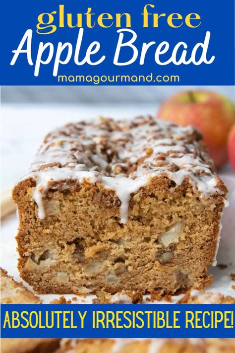 Tantalizing Gluten-Free Apple Bread recipe has juicy apple chunks and salty chopped nuts held together in a fluffy loaf cake topped with cinnamon streusel and gooey vanilla glaze. Gluten Free Apple Bread, Apple Bread Recipe, Best Gluten Free Desserts, Gluten Free Apple, Apple Cinnamon Bread, Cinnamon Streusel, Best Bread Recipe, Vanilla Glaze, Apple Bread