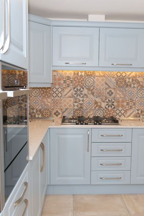 Pantry Blue Traditional Shaker Kitchen | Patterned Tiles | Stone Effect Floors | Kitchen, Beautiful kitchens, Shaker kitchen Provance Kitchens, Kitchen Backsplash White, Pantry Blue, Tile Update, Backsplash Kitchen Tile, Kitchen Tile Floor, Kitchen Tiling, Tiling Ideas, Quartz Worktop