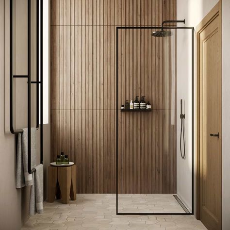 Nobu Ribbon Tan Brown 24x48 Wood Look Matte Porcelain Tile Wood Bathroom Tile Wall, Exposed Sink Bathroom, Bathroom With Soffit Above Vanity, Clean Modern Home Decor, Bathroom Ideas With Wood Walls, Recessed Shower Floor, Principal Bathroom Design, Anne Sacks Tile Bathroom, Wood Floor Accent Wall