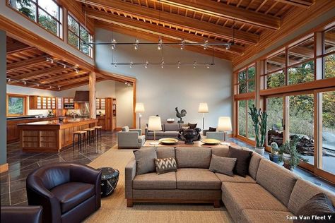 Slanted Ceiling Living Room, Interior Ceiling Design, Slanted Ceiling, Trendy Living Rooms, Living Room Windows, Living Room Remodel, Rustic Living Room, Living Room Diy, Roof Design