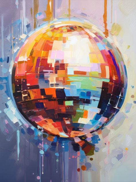 Disco Ball Oil Painting, Abstract Disco Ball Painting, Abstract Disco Ball, Disco Ball Art Print, Celebration Art Gcse, Ball Painting Art, Mirror Ball Painting, Mirrorball Painting, Disco Painting