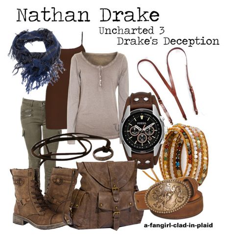 "Nathan Drake (Uncharted 3: Drake's Deception)" by a-fangirl-clad-in-plaid ❤ liked on Polyvore featuring Witchery, BKE, True Religion, Fendi, Chan Luu, Rocket Dog, FOSSIL, T-shirt & Jeans and Nocona Nathan Drake Uncharted 3, Uncharted Nathan Drake, Ftm Fashion, Travel Packing Tips, Uncharted Series, Safari Outfit, Full Outfits, Nathan Drake, Career Inspiration