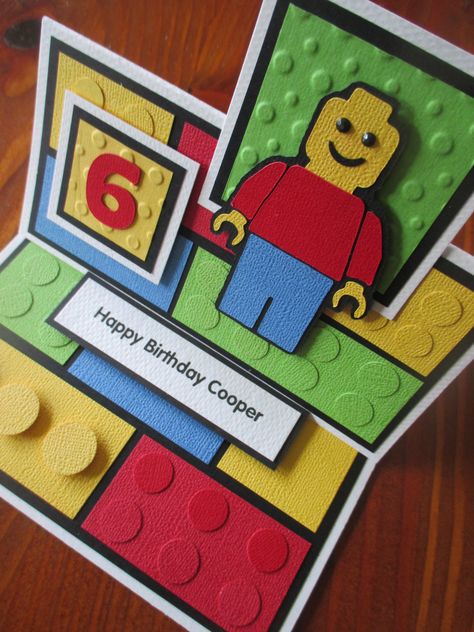 Handmade Lego Birthday Card, Lego Birthday Card Diy, Lego Cards Handmade, Lego Cards, Lego Birthday Cards, Lego Card, Cascading Card, Print Greeting Cards, Birthday Cards For Boys