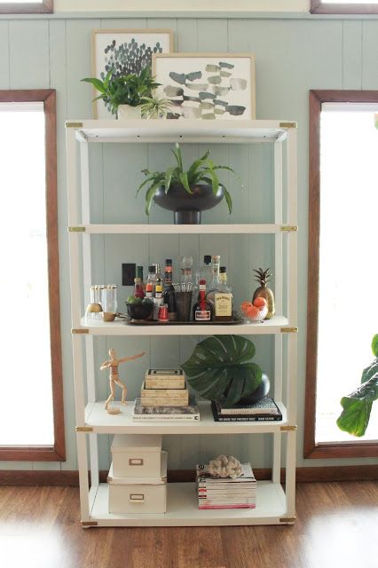 Bookshelf As Bar Cart, Bar On Bookshelf, Bar Cart Bookshelf, Bar Bookshelf, Bookshelf Bar, Kitchen Bookshelf, Bar Shelves, Bookshelf Styling, Laundry Room Makeover