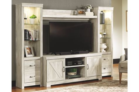 Bellaby 4-Piece Entertainment Center | Ashley Furniture HomeStore Large Tv Stands, Entertainment Wall Units, Fireplace Entertainment Center, Living Room Entertainment Center, Fireplace Entertainment, Entertainment Wall, Door Inspiration, Living Room Entertainment, Entertainment Center Decor