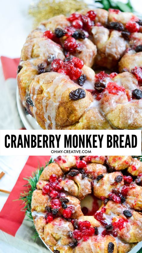 This is such an easy and beautiful holiday recipe. This cranberry raisin monkey bread is a soft, sweet breakfast pastry that can be served as a dessert. OHMY-CREATIVE.COM #cranberrymonkeybread #pullapartbread #holidaymonkeybread #holidaybread #breakfastpullapartbread #breakfastmonkeybread Raspberry Monkey Bread, Cranberry Monkey Bread Recipe, Cranberry Monkey Bread, Cranberry Cinnamon Roll Monkey Bread, Cranberry Orange Monkey Bread, Cranberry Cinnamon Rolls, Cinnamon Rolls Monkey Bread, Pillsbury Monkey Bread Recipe, Holiday Monkey Bread