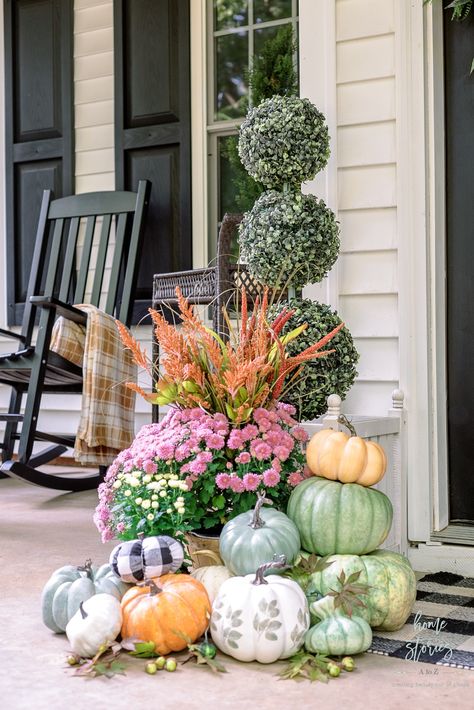 Fall Porch Decor with Faux and Live Pumpkins and Mums | Purple Mums, Tiered Planter, Fall Porch Decor, Neutral Christmas Decor, Faux Pumpkins, Floral Picks, Stacked Pumpkins, Fall Decorations Porch, Fall Color Palette