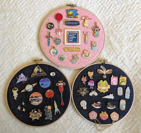 Pin Collection Displays, Pin Board Ideas, Enamel Pin Display, Hey Yall, Here We Go Again, Crafty Craft, Disney Pins, Hoop Art, Diy Arts And Crafts