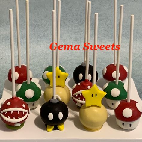 Mario Theme Cake Pops, Super Mario Cakepops, Mario Bros Cake Pops, Super Mario Bros Cake Pops, Super Mario Treats, Super Mario Cake Pops, Mario Cake Pops, Princess Peach Party, Mario Bros Birthday Party Ideas