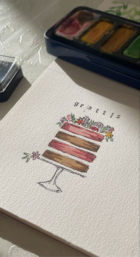 Cake Board Painting Ideas, Happy Birthday Acrylic Painting, Diy Watercolor Birthday Card Ideas, Birthday Cake Drawing Aesthetic, Birthday Cake Paint, Watercolor Cake Painting, Cake Watercolor Painting, Watercolour Birthday Cards, Easy Watercolor Birthday Cards