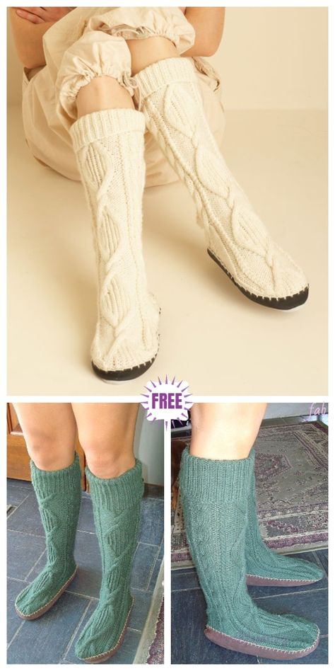 Knit Knee-high Cable Slipper Socks Free Knitting Pattern Knit Sock Pattern, High Slippers, Socks Free Knitting Pattern, Knit Slipper Socks, Big Momma, Slippers Free Pattern, Knitted Pouf, Honeycomb Stitch, Basketweave Stitch