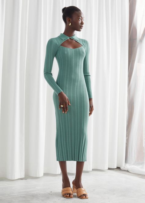 Fitted Cut Out Midi Rib Dress - Green - Midi dresses - & Other Stories Rib Dress, Ribbed Dress, Fall Capsule Wardrobe, Popular Dresses, Maxi Robes, Ribbed Dresses, Green Midi Dress, Long Sleeve Midi, Knit Midi Dress