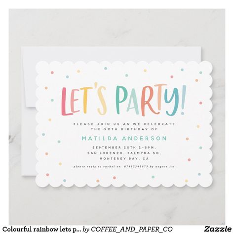 Colourful rainbow lets party birthday invitation. Polka Dot Birthday Party, Typography Invitation, Polka Dot Theme, Baby Birthday Card, Confetti Birthday Party, Polka Dot Birthday, Balloon Invitation, Confetti Birthday, Rainbow Bright