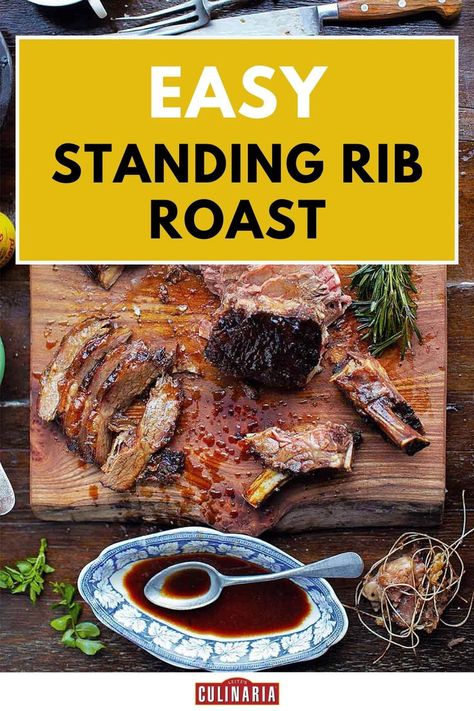 A juicy standing rib roast is sliced on a wooden cutting board, with juices pooling around the tender meat alongside fresh rosemary sprigs. Standing Rib Roast Recipe, Beef Rib Roast, Prime Rib Roast Recipe, Cooking Prime Rib, Rib Roast Recipe, Standing Rib Roast, How To Cook Ribs, Prime Rib Roast, Rib Roast