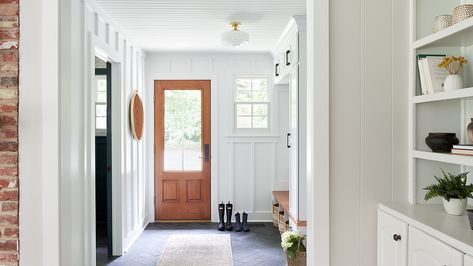 See A Tired Entryway Transform Into A Country Chic Mudroom Mudroom Powder Room, Chic Mudroom, Mudroom Remodel, Board And Batten Exterior, Slate Floor, Mudroom Makeover, Grey Interiors, Slate Tile Floor, Collected Interiors