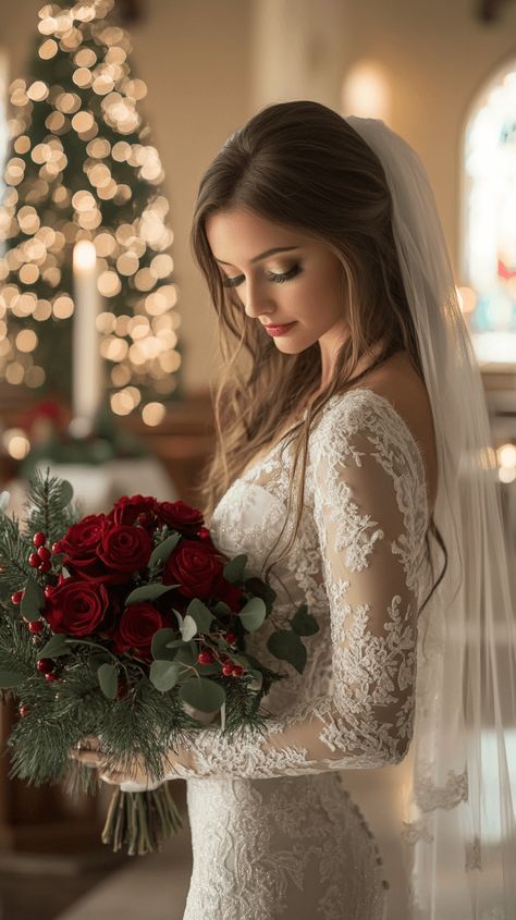 Christmas bride Red Headed Bride, Christmas Wedding Photography, Christmas Wedding Photos, Disney Christmas Wedding, Christmas Wedding Pictures, Christmas Wedding Hair, December Bride, Christmas Wedding Inspiration, Winter Wedding Bridesmaids