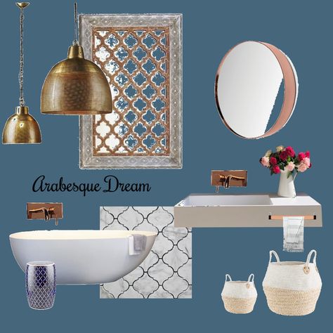 Arabesque Dream Design Mood Board, Dream Interior, Small Pendant Lights, Standing Bath, Interior Design Mood Board, Mood Board Design, Free Standing Bath, Hotel Design, Led Mirror