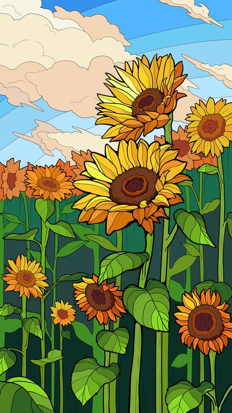 Cartoon Sunflower, Sunflower Illustration, Sky Art Painting, Beautiful Art Paintings, Sunflower Wallpaper, Unique Drawings, Wallpaper For Iphone, Sunflower Art, Small Canvas Art