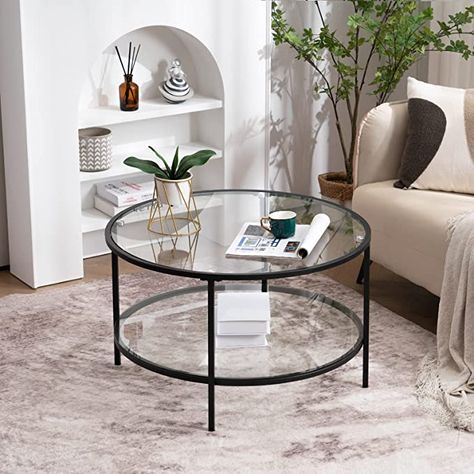 Round Black Coffee Table, Tea Corner, Black Glass Coffee Table, Clear Coffee Table, Tables For Living Room, Circular Coffee Table, Round Glass Coffee Table, Chic Coffee Table, Table For Small Space