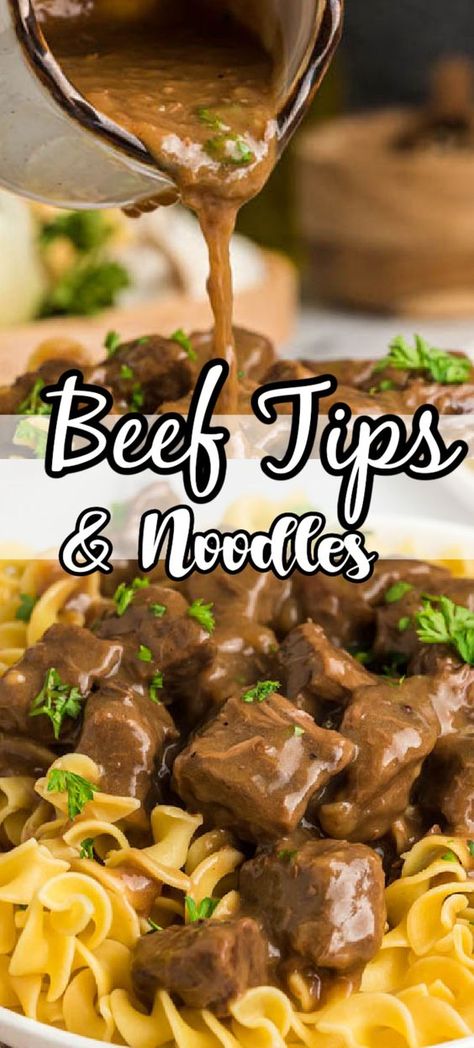 Discover the ultimate comfort food with this mouthwatering Beef Tips and Noodles recipe! Tender beef tips simmered in a rich, savory gravy, served over perfectly cooked noodles for a satisfying and delicious meal. Perfect for family dinners or gatherings, this easy-to-make dish is sure to impress! Click for the full recipe and helpful tips. #beefrecipes #comfortfood #noodles #easydinnerideas Beyond Beef Tips Recipes, Beef Cubes And Noodles, Beef And Noodles Dutch Oven, Beef And Noodles With Stew Meat, Beeftips Recipe Crockpot, Stew Meat And Noodles, Crockpot Beef Tips And Noodles, Beef Tips With Egg Noodles, Tender Beef Tips