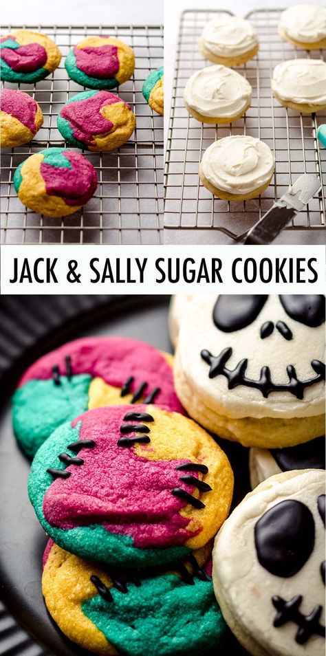 You only need to split ONE batch of cookie dough in half to get both of these adorable Nightmare Before Christmas cookies. Keep the dough as is for the Jack Skellington cookies, then tint the other half three different colors for Sally's stitched up cookies. These Jack and Sally cookies are sure to be a hit at your party! | jack and sally cookies tim burton | jack and sally decorated cookies | jack skellinngton and sally cookies | nightmare before christmas cookies ideas Jack And Sally Food Ideas, Nightmare Before Christmas Inspired Food, Coraline Cookies, Sally Cookies, Nightmare Before Christmas Cake Ideas, The Nightmare Before Christmas Food, Jack Skellington Food Party Ideas, Jack Skellington Cookies, Nightmare Before Christmas Snacks