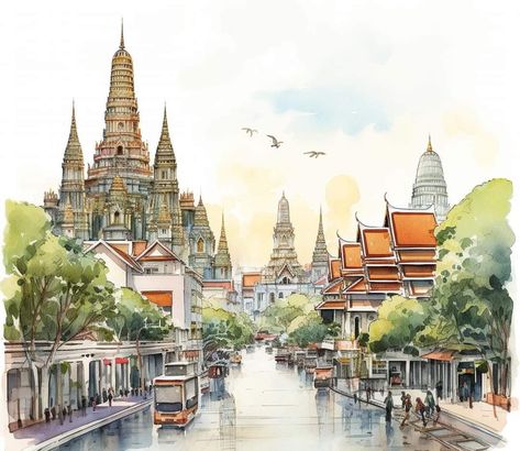 Thailand Watercolor, Thailand Drawing, India Trip, 2d Drawing, Thailand Art, City Sketch, Bangkok City, House Design Pictures, Bday Gift