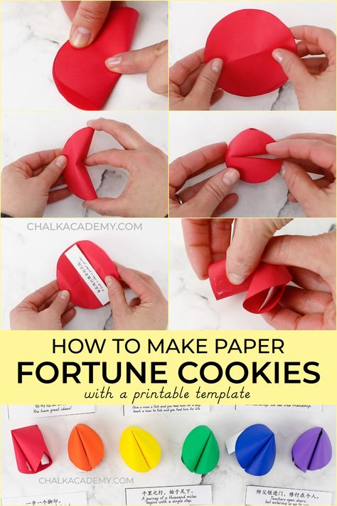 How to make paper fortune cookies with a printable template How To Make Fortune Cookies Paper, Paper Fortune Cookies How To Make, Felt Fortune Cookies Diy, How To Make Fortune Cookies, Fortune Cookie Paper, Fortune Cookie Craft, Lunar New Year Display, Paper Fortune Cookies, Fortune Cookie Recipe