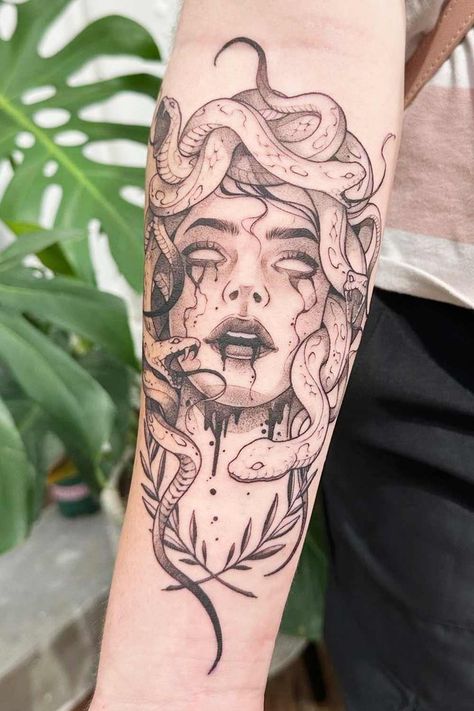 Medusa Tattoo: Modern Symbolism Behind the Ancient Myth Medusa Tattoo Snakes, Sleeve Tattoos Medusa, Snake Medusa Tattoo, Simple Tattoos Arms, Medusa Bicep Tattoo, Female Medusa Tattoo, Unique Medusa Tattoo Forearm, Medusa Tattoo On Chest, Modern Medusa Tattoo