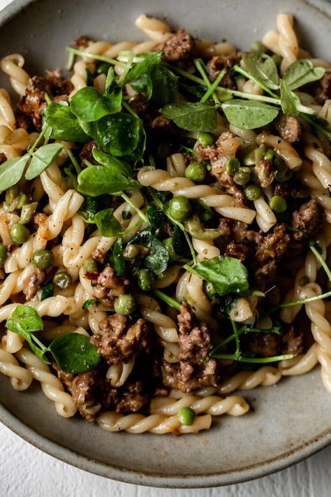 Spring Lamb Pasta with Peas and Greens — Cooking with Cocktail Rings Spring Recipes Vegetarian, Ground Lamb Recipes, Lamb Pasta, Lamb Sausage, Dinner Spring, Pasta With Peas, Spring Meals, Lamb Dishes, Ground Lamb