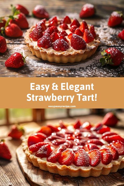 A delicious and beautifully arranged strawberry tart sprinkled with powdered sugar, placed on a rustic wooden surface. Tarts Recipe Dessert, Strawberry Tart Recipe, Raspberry Tart Recipe, Strawberry Tarts Recipe, Pot Recipes Healthy, Strawberry Tart, Raspberry Tarts, Homemade Dough, Tart Recipe