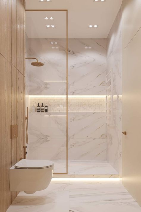 Small Marble And Gold Bathroom, Minimalist Washroom Design, Simple Marble Bathroom, Bathroom Interior Design Modern White, Gold Marble Bathroom, White Marble Tile Bathroom, Luxury Room Design, Toilet Design Modern, Bathroom Interior Design Luxury