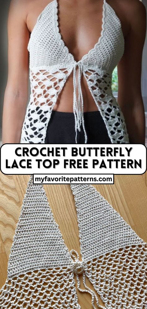 Crochet Butterfly Lace Top Tutorial Butterfly Lace Top, Lace Top Patterns, Crochet Halter Top Pattern, Crochet Tube Top, Halter Top Pattern, Crochet Lingerie, Crochet Festival, Butterfly Lace, Crochet With Cotton Yarn