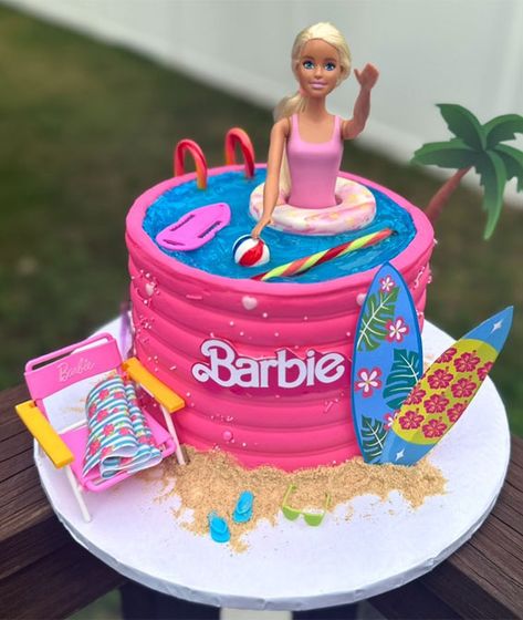 summer-themed cake, summer theme cake, birthday cake, summer vibe cake, colorful cake, colourful cake ideas, tropical vibe cake, sunset tone cake Barbie Swimming Pool Cake, Barbie Pool Party Birthday Cake, Barbie Pool Cake Ideas, Barbie Beach Cake, Barbie Themed Pool Party, Easy Barbie Cake, Cake Summer Theme, Colourful Cake Ideas, Swimming Pool Cake Ideas