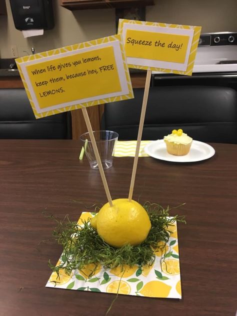 Lemon Theme Classroom, Lemonade Party Theme, Silly Saturday, Lemon Decorations, Lemon Puns, Party Craft Ideas, Lemonade Stand Party, Lemon Themed Party, Lemon Centerpieces