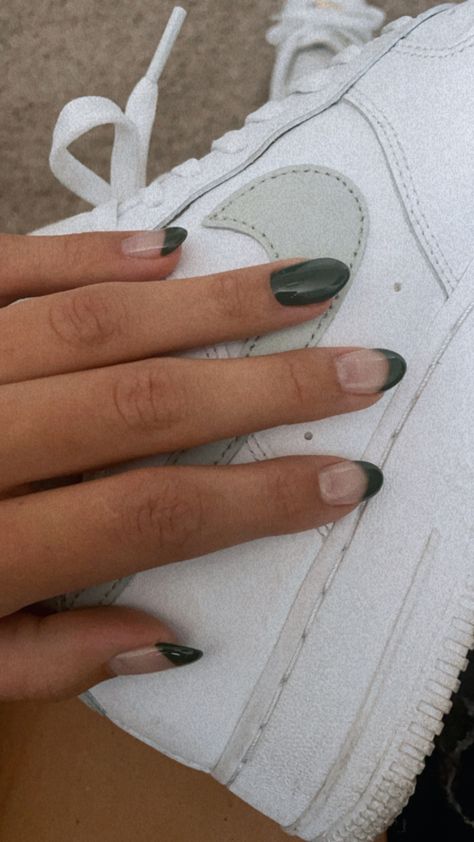 Green French Tip Nails Square Long, White French Tips With Green Design, French Nails With Green Design, Matcha Green French Tip Nails, Safe Green French Tips, Green French Dip Nails, French Tip Nails With One Solid Color, Basic Nails Green, Back To School Nails Green