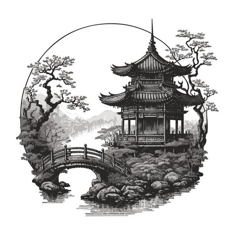 Japanese Bridge Tattoo, Japanese Temple Drawing, Pagoda Tattoo, Japanese Temple Tattoo, Chinese Bridge, Bridge Tattoo, Bridge Drawing, Temple Tattoo, Temple Drawing