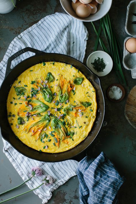 A Daily Something | Squash Blossom Frittata with Chives and Manchego Squash Blossom Recipe, Prepared Eggs, Summer Market, Zucchini Blossoms, Farmers Market Recipes, Squash Blossoms, Harvest Recipes, Egg Dish, Garden Recipes