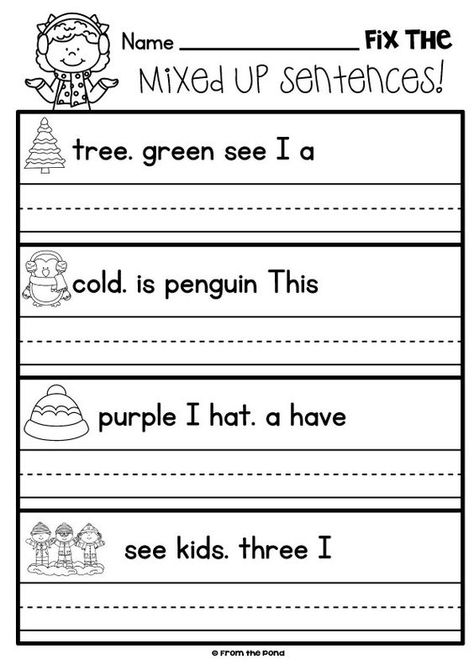 This free, printable worksheet is great for your winter and holiday-themed classes. Have your students fix the mixed up sentences with winter and Christmas vocabulary. Writing Sentences Kindergarten, Sentences Kindergarten, Writing Sentences Worksheets, Kindergarten Reading Worksheets, First Grade Worksheets, 1st Grade Writing, First Grade Writing, Christmas Worksheets, Kindergarten Worksheets Printable