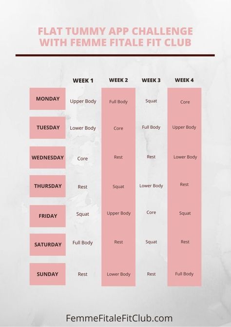 Download and workout with the Flat Tummy App for 4 weeks. Want a schedule of the workouts laid out for you? Then follow this challenge calendar, download it or share on Pinterest as well as share with friends and have them join you. #flattummychallenge #flattummyapp #flattummy #fitnessapp #workoutapp #exercises #womenshealth #exercisesforwomen Tummy Challenge, 4 Week Challenge, Tummy Exercises, Challenge Calendar, Body Squats, Flat Tummy Workout, Fit Club, Healthy And Fit, Calendar Download