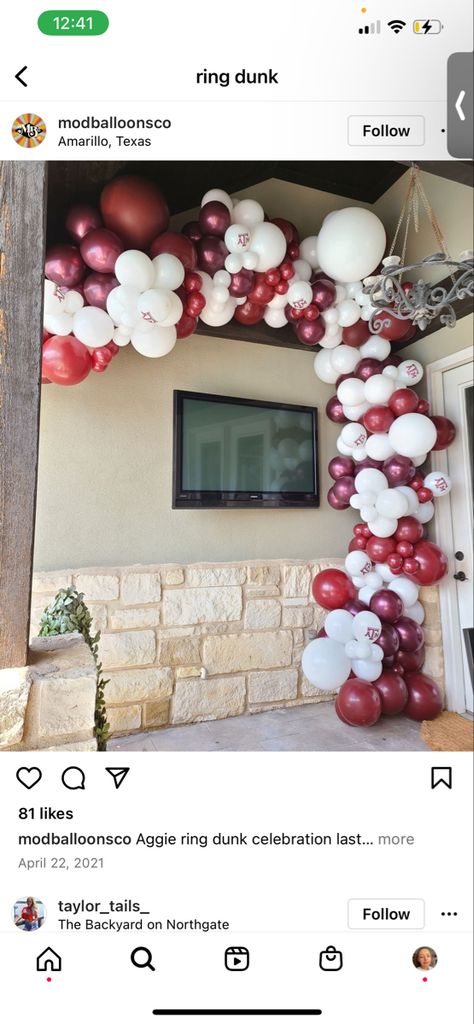 Harvard Graduation Party, Ring Dunk Party Ideas, Maroon And White Graduation Party Ideas, Texas A M Graduation Parties, A&m Graduation Party, Maroon Graduation Party Decorations, University Of Arkansas Graduation Party, Red Grad Party, Spring Graduation Party