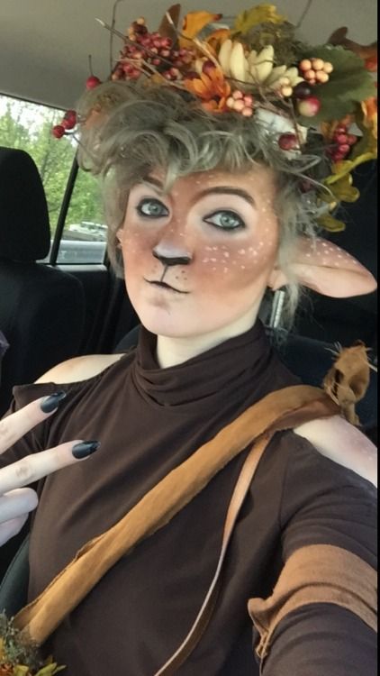 Goblincore Costume, Deer Ren Faire Outfit, Faun Costume Diy, Deer Ren Faire, Animal Inspired Makeup, Faun Ren Faire, Druid Makeup, Lamb Makeup, Satyr Costume Diy